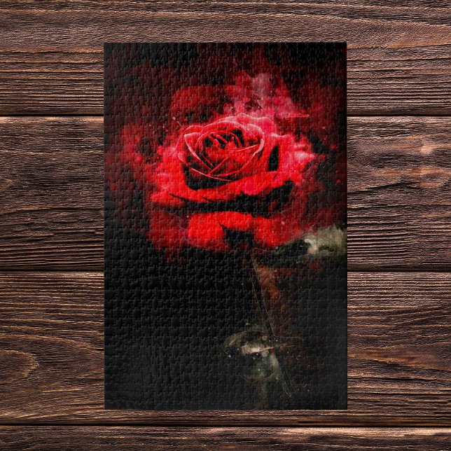 Puzzle Una Rosa Roja Acuarela sobre Fondo Negro (One Red Rose Watercolor on Black Background. Jigsaw Puzzle)