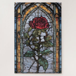 Puzzle Una ventana de vidrio manchado con rosa rojo oscur
