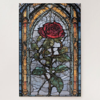 Puzzle Una ventana de vidrio manchado con rosa rojo oscur