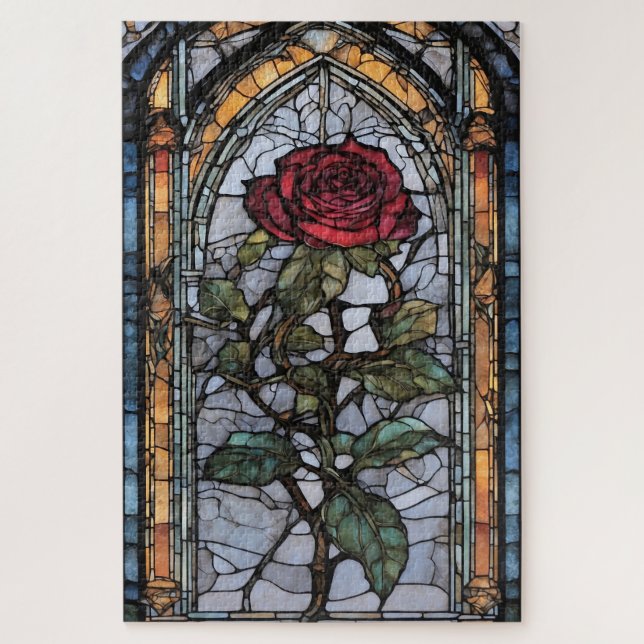 Puzzle Una ventana de vidrio manchado con rosa rojo oscur (Vertical)