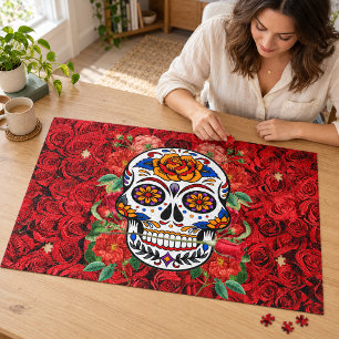 Puzzle Unas vacaciones de rosas rojas rosadas de cráneo a