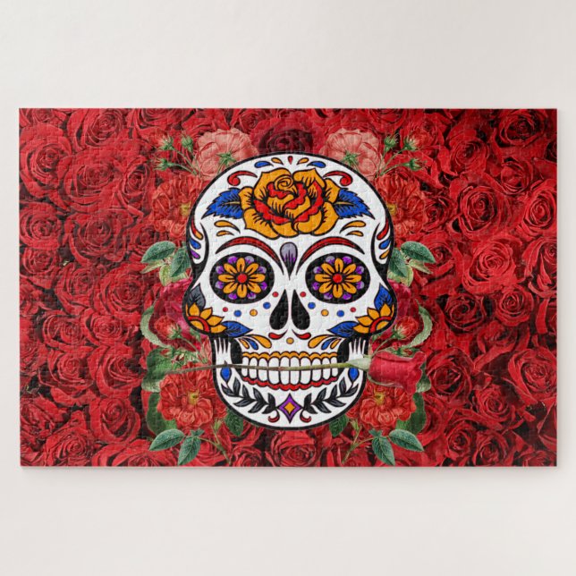 Puzzle Unas vacaciones de rosas rojas rosadas de cráneo a (Horizontal)