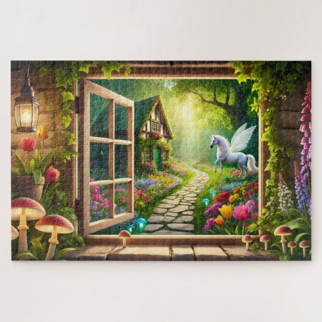 Puzzle Unicorn Garden Window Scene Pegasus Gift (Horizontal)