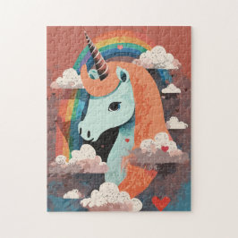 Puzzle Unicornio bajo arcoiris y entre corazones