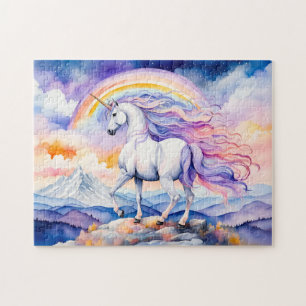 Puzzle Unicornio bajo nubes de arcoíris suaves y pastel