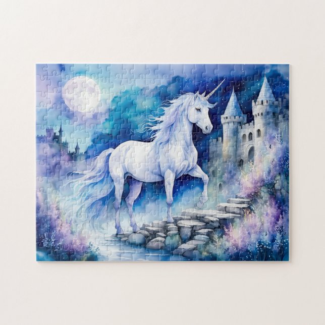 Puzzle Unicornio Blanco Boho Acuarela Cerca del Castillo  (Horizontal)