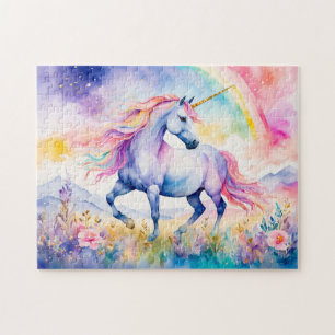 Puzzle Unicornio caminando bajo un arcoíris brillante