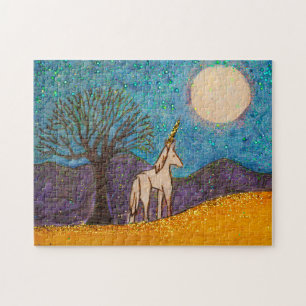 Puzzle Unicornio con un roble mirando la luna