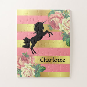 Puzzle Unicornio floral de oro y rosado con nombre