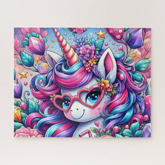Puzzle Unicornio Lindo Con Gafas De Corazón (Horizontal)