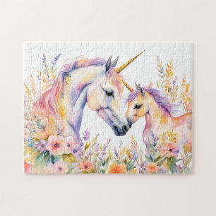 Puzzle Unicornio tierno y bebé en flor acuarela boho