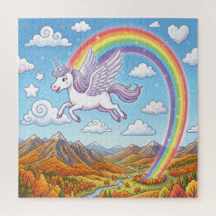 Puzzle Unicornio volador de dibujos animados con arcoíris