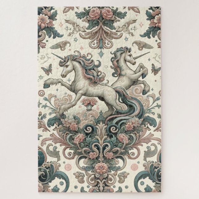 Puzzle Unicornios Victorianos Místicos: Floral Encantada (Vertical)