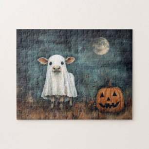 Puzzle Vaca con traje fantasma con calabaza y luna llena