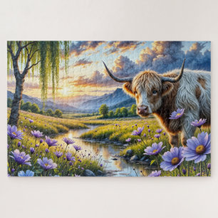 Puzzle Vaca cruzada de Highland/Longhorn en paisaje flora