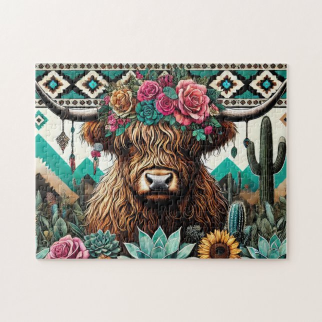 Puzzle Vaca de las Highlands Floral Boho (Horizontal)