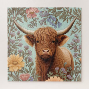 Puzzle Vaca de las Tierras Altas Pastel Floral Inspirado