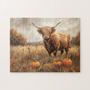 Puzzle Vaca Highland con calabazas