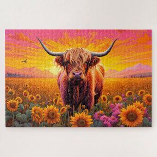 Puzzle Vaca Highland en campo de girasoles al amanecer