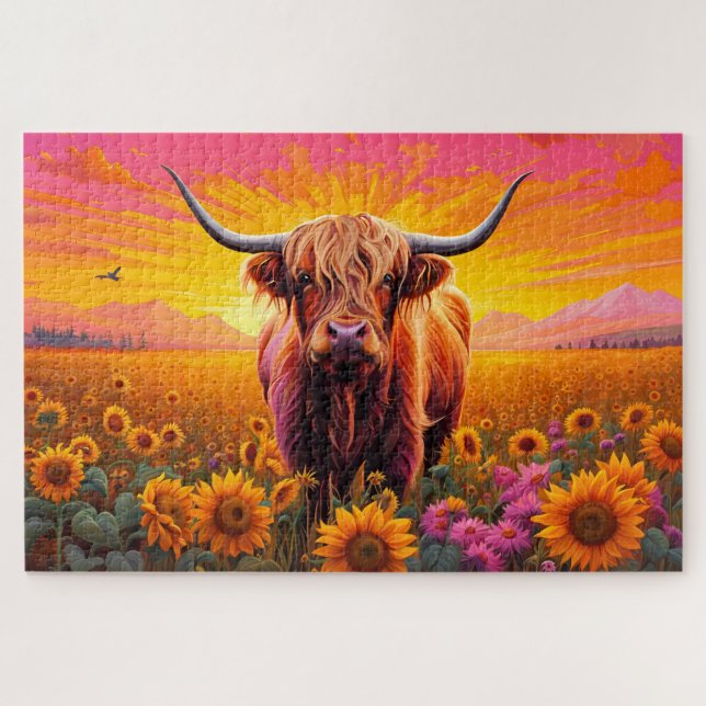 Puzzle Vaca Highland en campo de girasoles al amanecer (Horizontal)