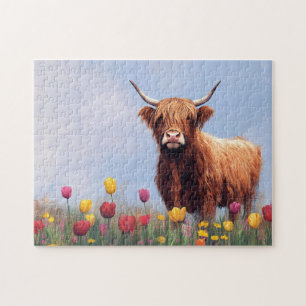 Puzzle Vaca Highland en un campo de tulipanes