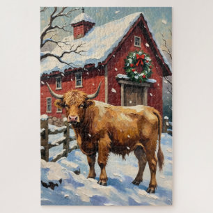 Puzzle Vaca Highland Vintage en el granero nevado de Navi
