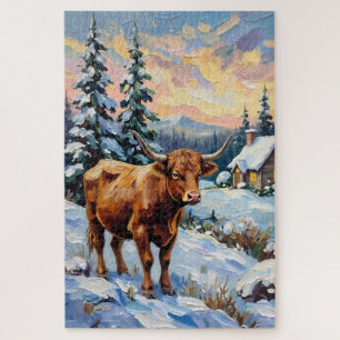 Puzzle Vaca Highland Vintage en Prado Navideño Nevado