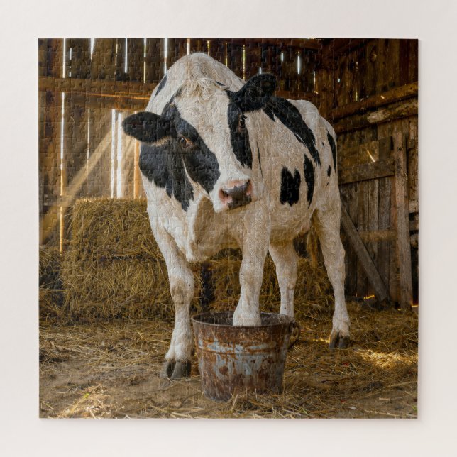 Puzzle Vaca Holstein de pie en un cubo oxidado (Vertical)