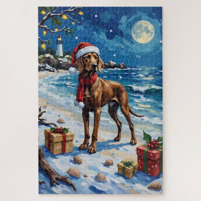Puzzle Vacaciones de Navidad en la playa con Weimaraner (Vertical)