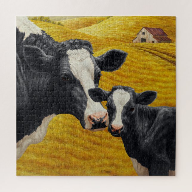 Puzzle Vacas Holstein y Barrio de Madera Antigua (Vertical)