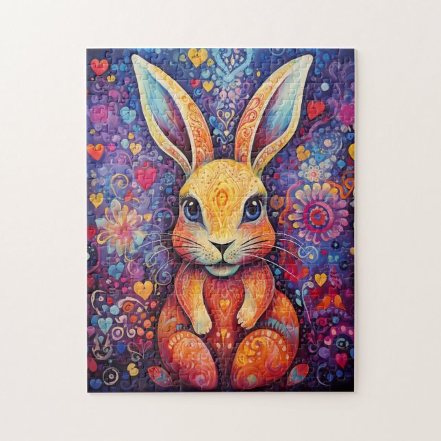 Puzzle Valentine Bunny Flowers corazones púrpura (Vertical)