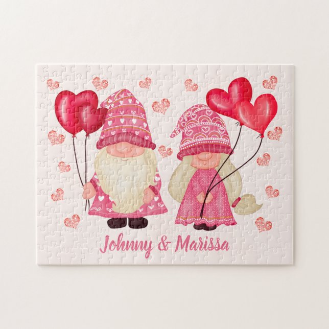 Puzzle Valentine Gnome Love Quote Pink Red Hearts Couple  (Horizontal)
