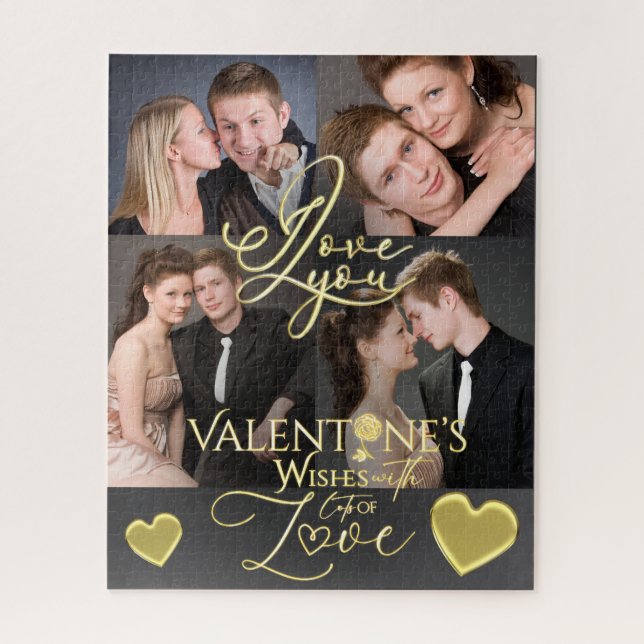 Puzzle Valentine's Day Elegant Gold Photo Collage (Vertical)