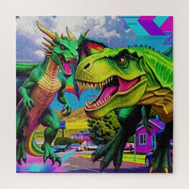 Puzzle Vamos a jugar - Dragón verde y dinosaurio (Vertical)