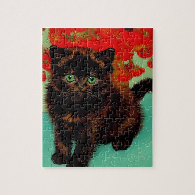 Puzzle Van Gogh Gato Negro Flores Rojas (Vertical)