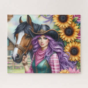 Puzzle Vaquera Pelo Púrpura Lindo Caballo Girasoles