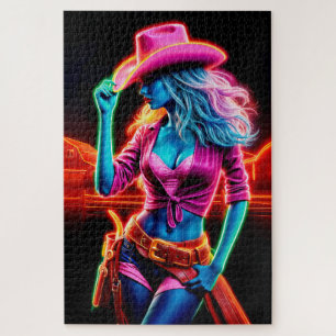 Puzzle Vaquera vibrante con iluminación de neón retro