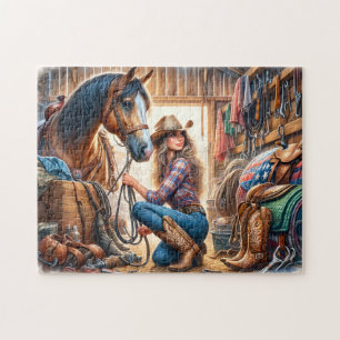Puzzle Vaquera y caballo en el establo del rancho