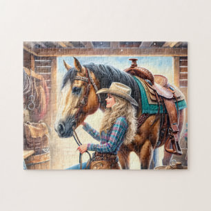 Puzzle Vaquera y caballo granero occidental rústico