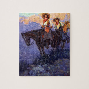 Puzzle Vaqueros antiguos, hombre y mujer en caballos, And
