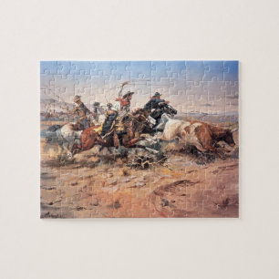 Puzzle Vaqueros roping un buey, 1897 (aceite en lona)