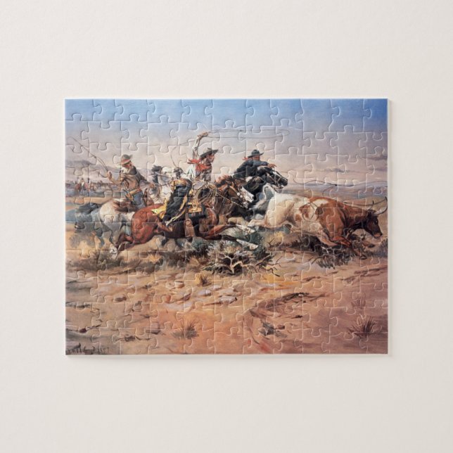 Puzzle Vaqueros roping un buey, 1897 (aceite en lona) (Horizontal)