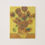 Puzzle Vase con quince girasoles de Vincent van Gogh<br><div class="desc">Vase con Quince girasoles o simplemente girasoles (1888) de Van Gogh es una antigua pintura de arte floral del Post Impresionism. Forma parte de una serie de cuadros similares, con un ramo de flores de jardín en un jarrón. Toda la serie muestra girasoles en todas las etapas de la vida,...</div>