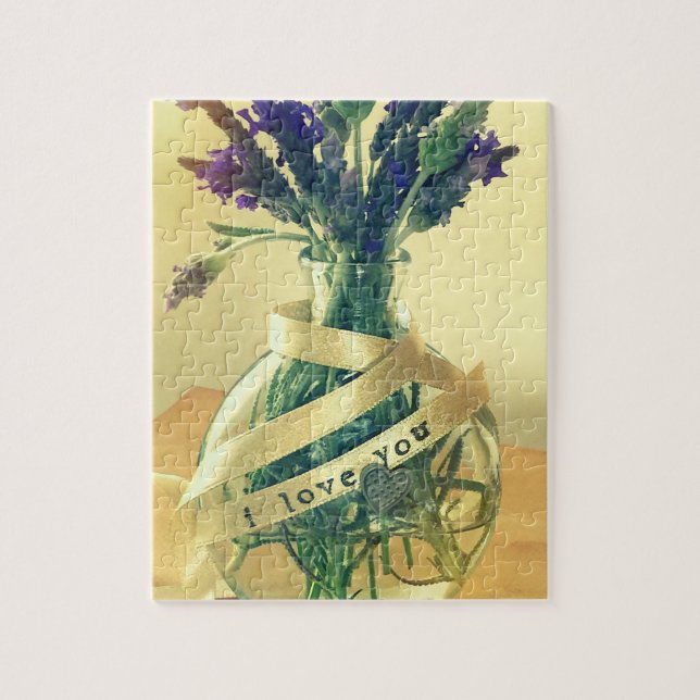Puzzle Vase of lavender with I love you words (Vertical)