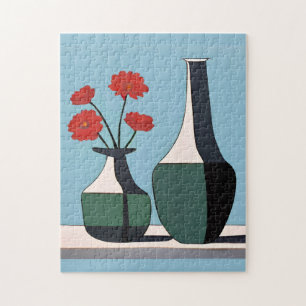 Puzzle Vasos blancos y negros con flores rojas