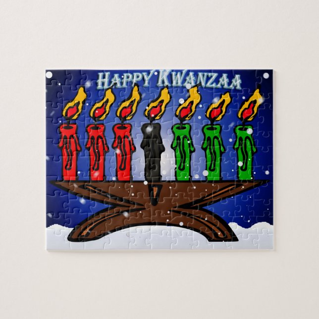 Puzzle Vela de Kwanzaa Kinara con nieve y saludo (Horizontal)