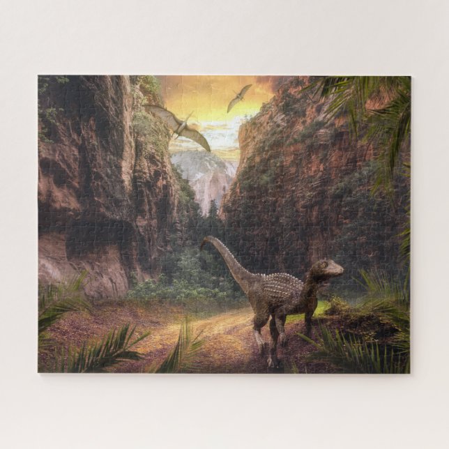 Puzzle Velociraptor y Pterosaurio en el paisaje prehistór (Horizontal)