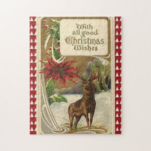 Puzzle Venado en madera de nieve, Navidades de Poinsettia