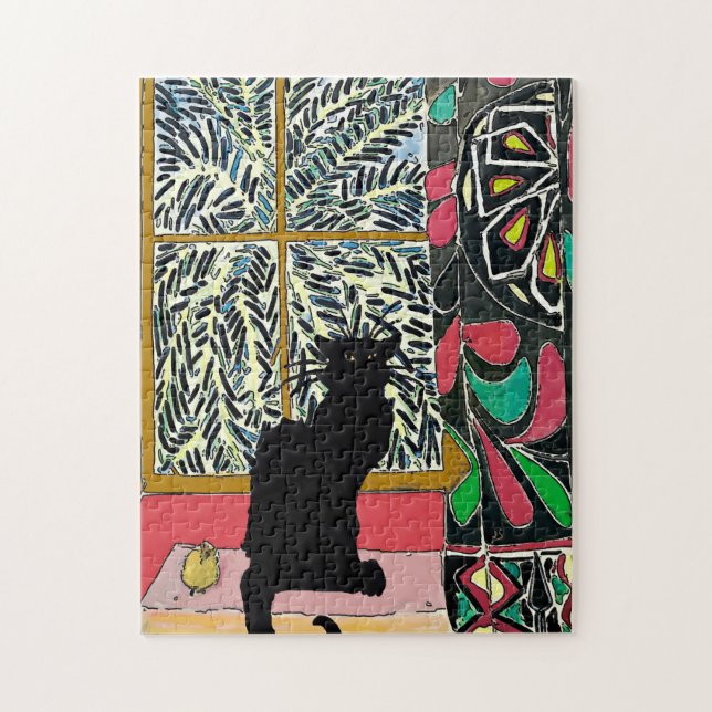 Puzzle Ventana de árbol de palma, gato negro (Vertical)