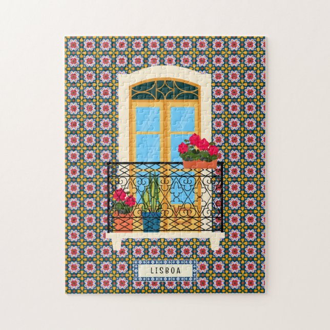 Puzzle Ventana de la casa de Lisboa con plantas y azulejo (Vertical)